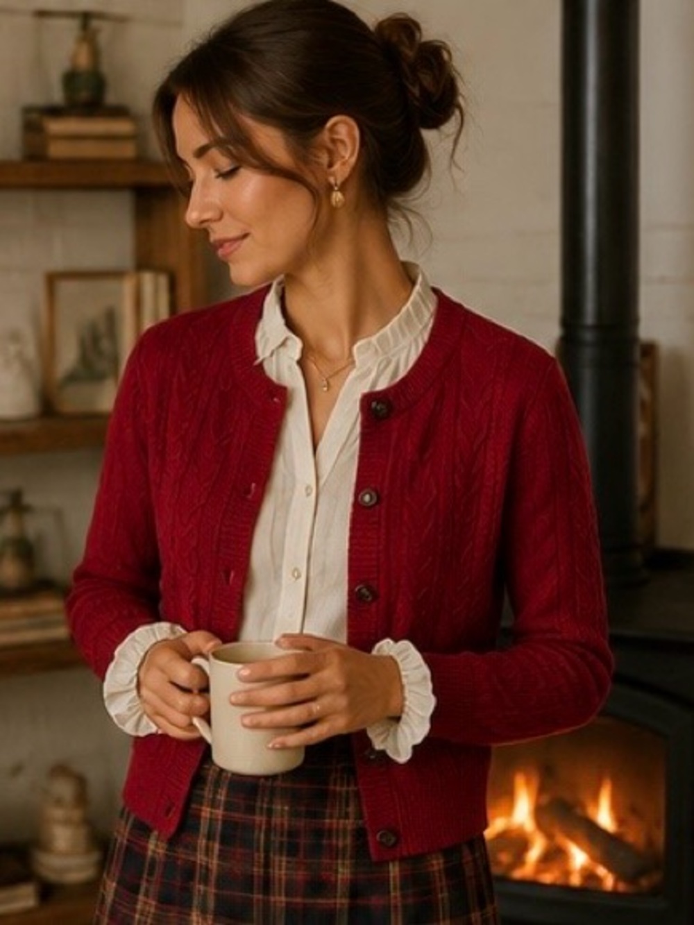 Pendleton 100% Wool Cable Knit Cardigan Sweater Red Button Front - Picture 2 of 4
